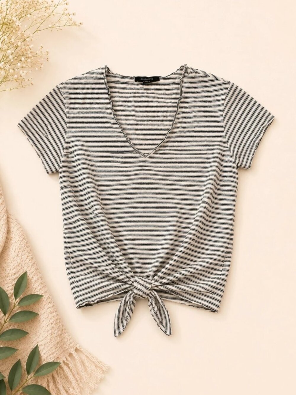 AllSaints Striped Deep V-Neck Short Sleeve Tee XS